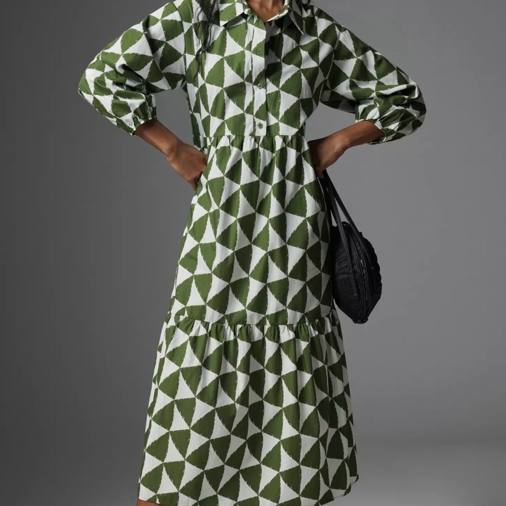 Maeve Anthropologie shirt dress, Bettina midi maxi green white cotton XL